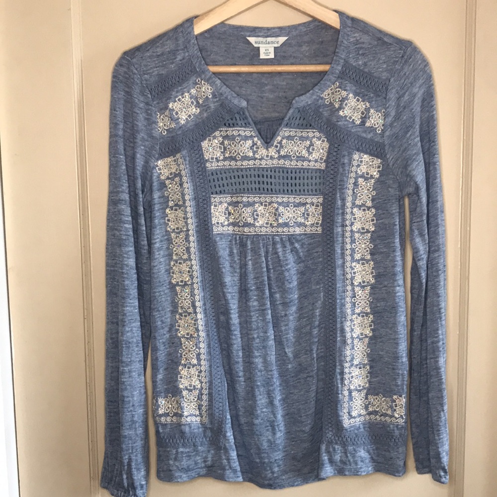 Sundance linen long sleeve embroidered top